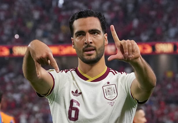 Mikel Merino celebrating after scoring the decisive goal for Spain against Portugal
