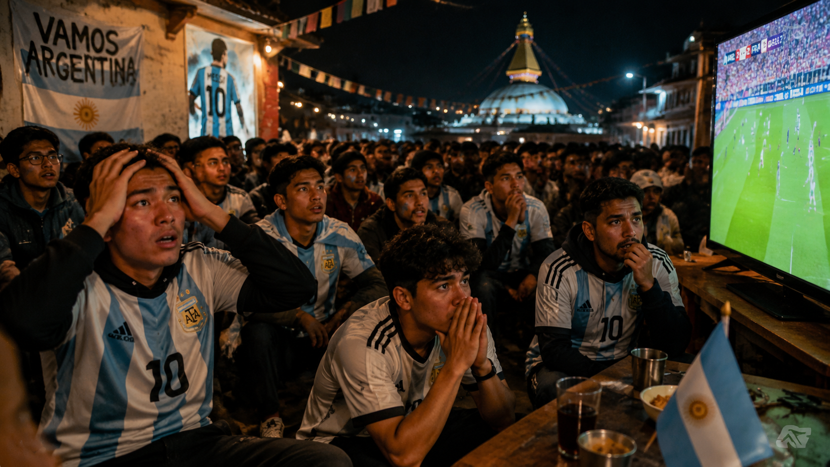 Argentina fans watching the World Cup late at night in Nepal with tense reactions during a close match