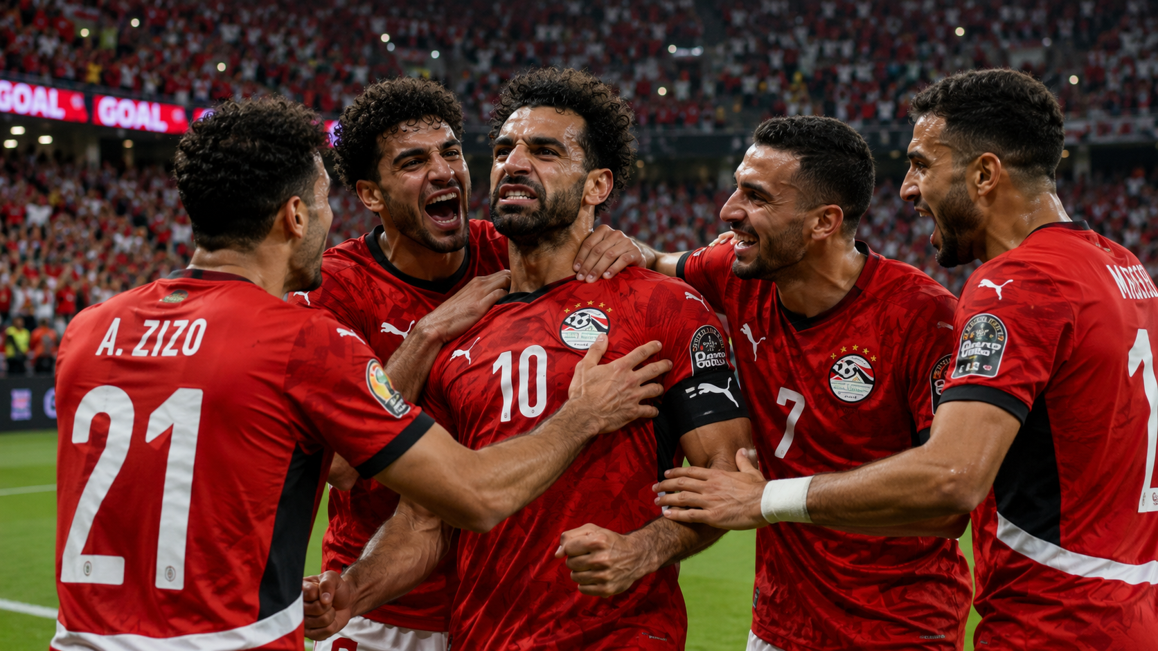 Egypt players in red shirts surrounding their captain after a key goal in a packed stadium