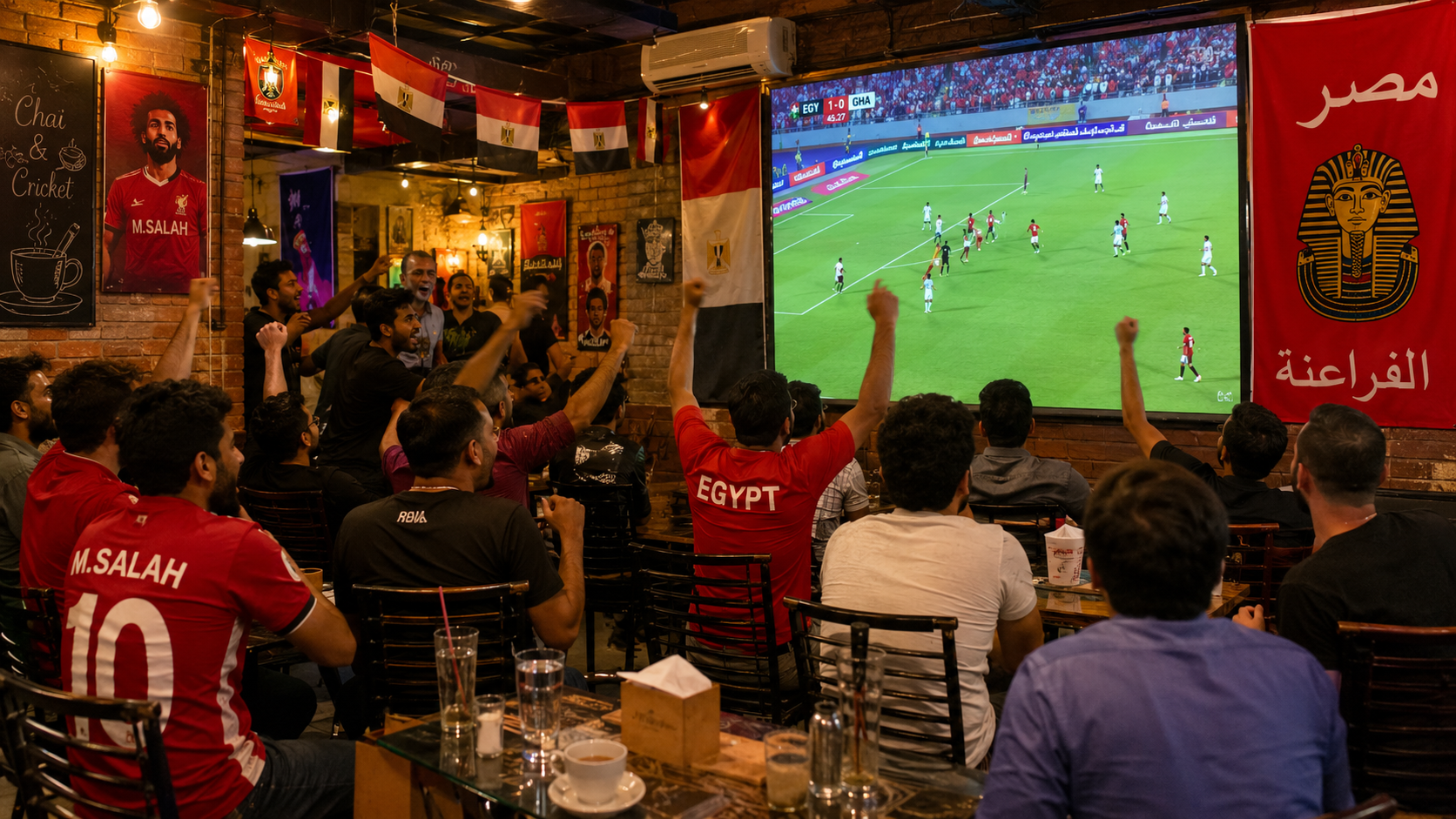 football fans watching Egypt match on a big screen in a South Asian cafe with red flags and excited reactions