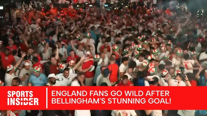 England fans in London and South Asia watching Jude Bellingham score in a packed football screening venue