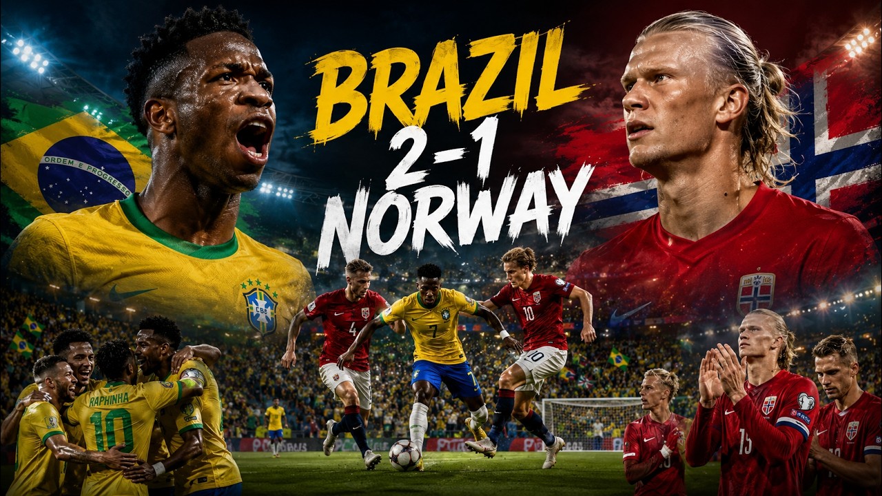 brazil and norway players facing off before a high pressure world cup knockout match under bright stadium lights
