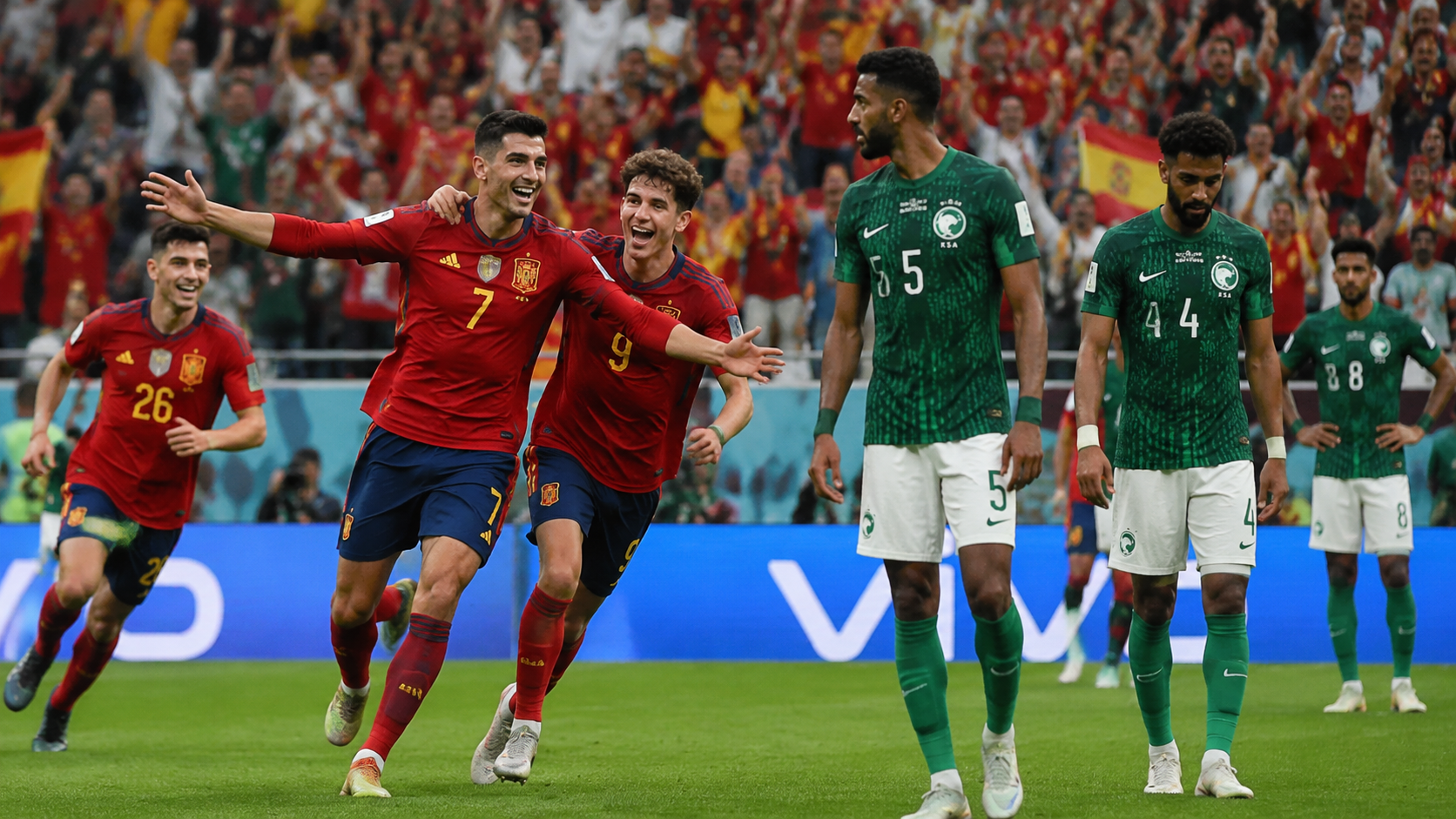 Spanish players celebrating an early goal as Saudi defenders look disappointed but focused