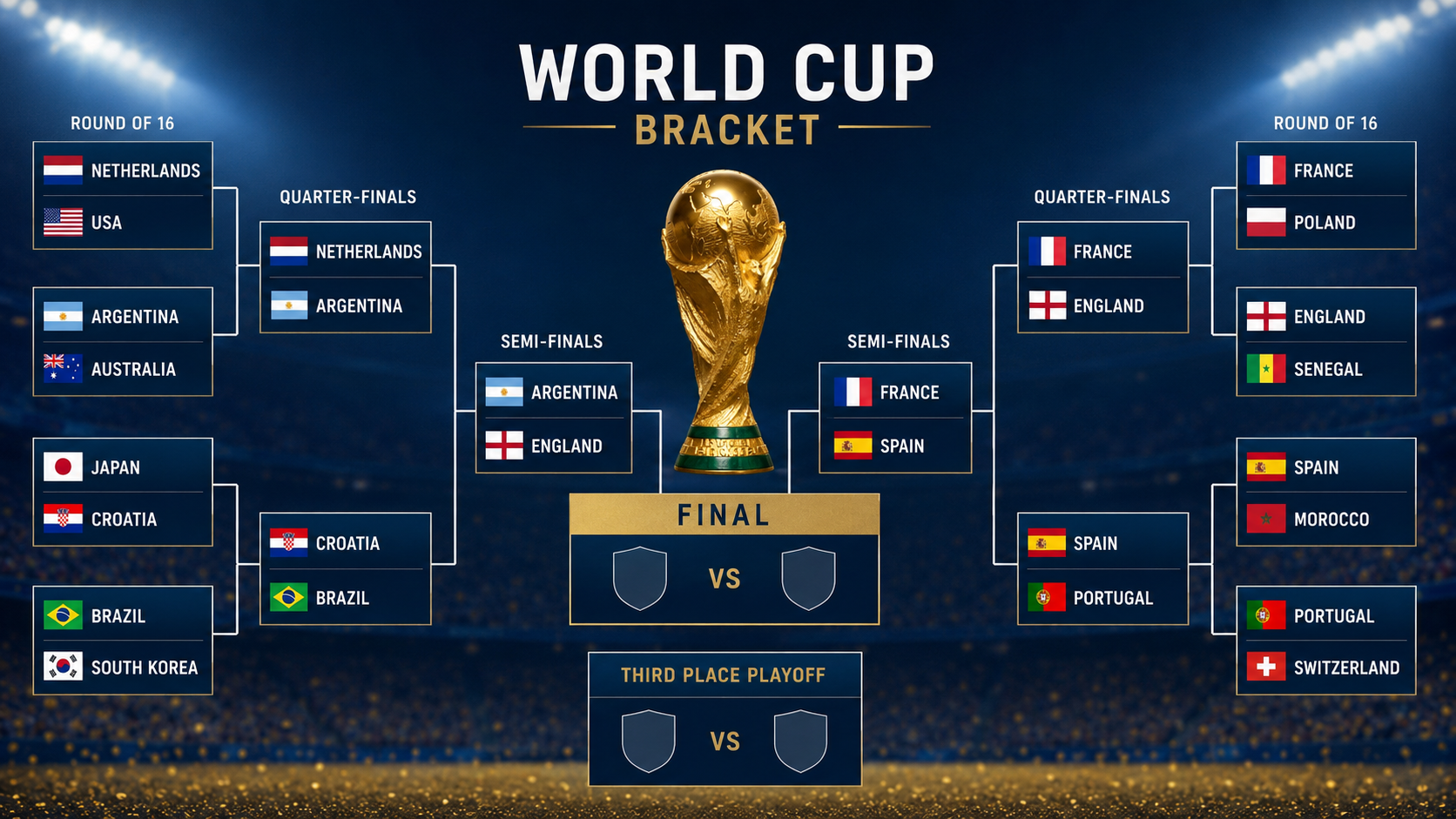 World Cup bracket showing France versus Spain and England versus Argentina in separate semi-finals